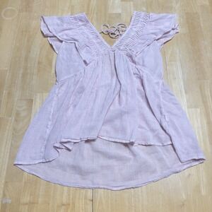 Lucky Brand Women's Blouse Sheer Striped Pink V Neck Ruffle Lightweight Medium